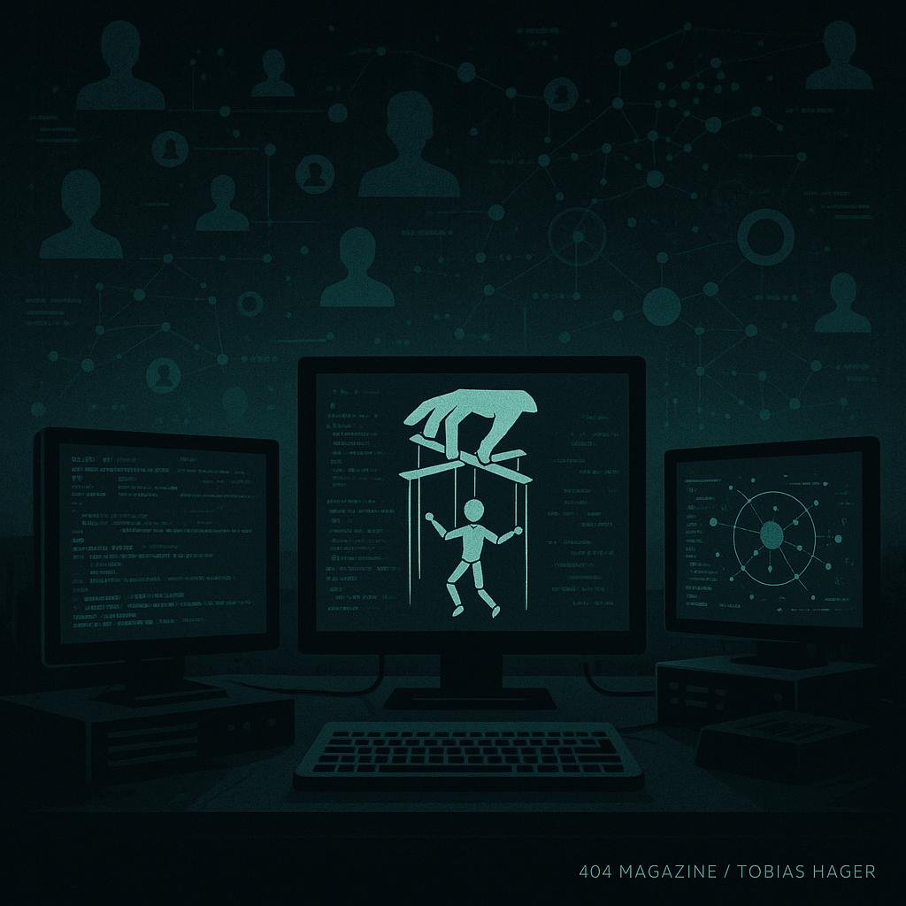 Dunkler, geheimnisvoller Raum mit Computern, digitalen Verbindungen und einer symbolischen Darstellung des Unsichtbaren Puppenspiels