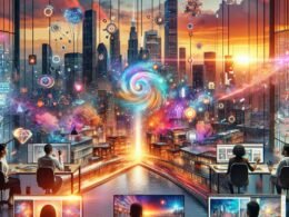 Futuristisches Stadtbild bei Sonnenuntergang, präsentiert auf einem digitalen Interface, umgeben von Marketingprofis mit holographischen Bildschirmen in einem modernen Büro