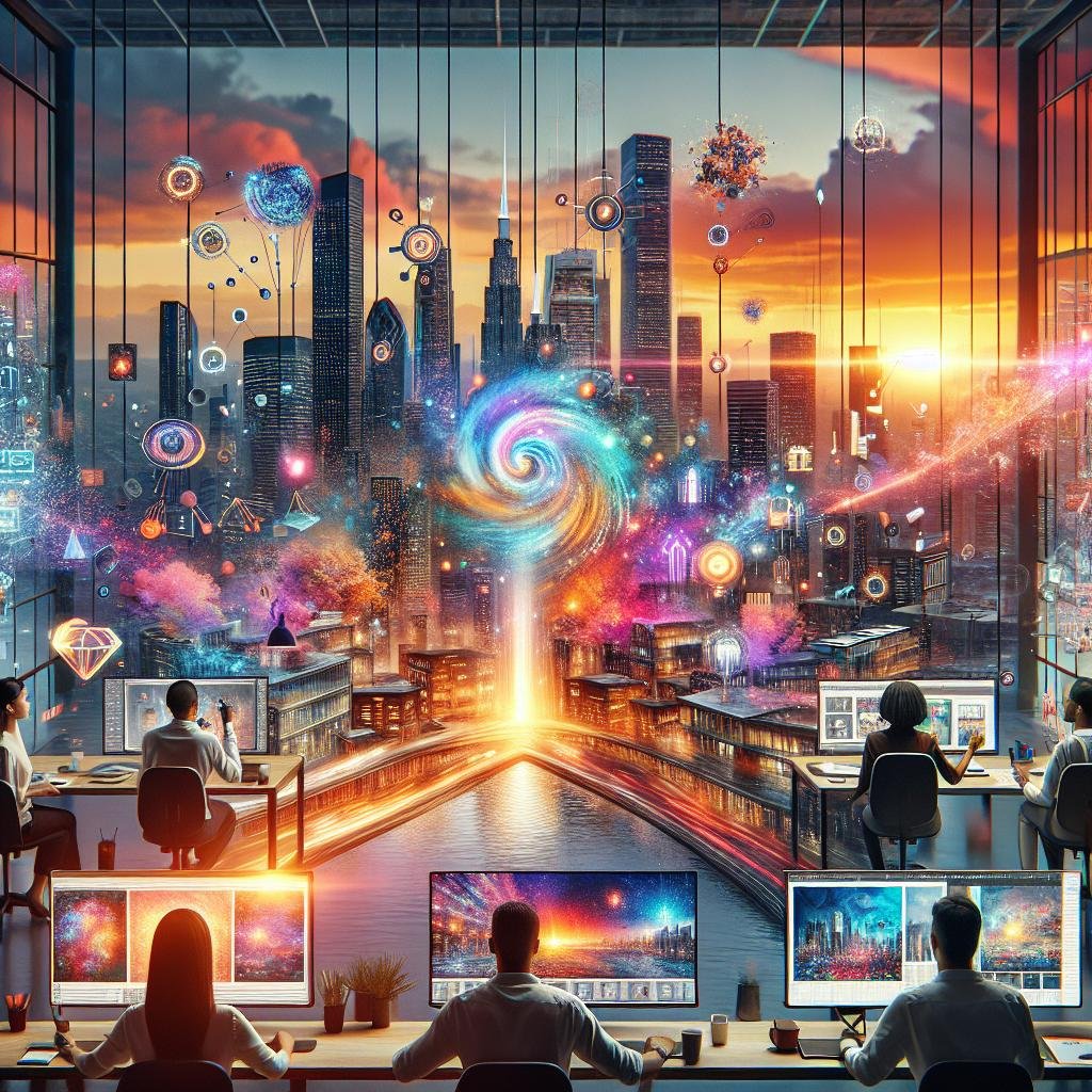 Futuristisches Stadtbild bei Sonnenuntergang, präsentiert auf einem digitalen Interface, umgeben von Marketingprofis mit holographischen Bildschirmen in einem modernen Büro