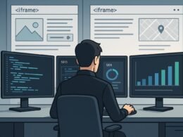 Modernes, technisch inspiriertes Büro mit mehreren Monitoren, die Code, SEO-Daten und Diagramme anzeigen, im Hintergrund Webseiten mit eingebetteten iFrames und Widgets.