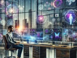 Modernes Arbeitsumfeld mit futuristischem Computersetup, digitalen Grafiken und holographischen Symbolen für Innovation und Effizienz, im Hintergrund eine lebendige Stadtlandschaft.