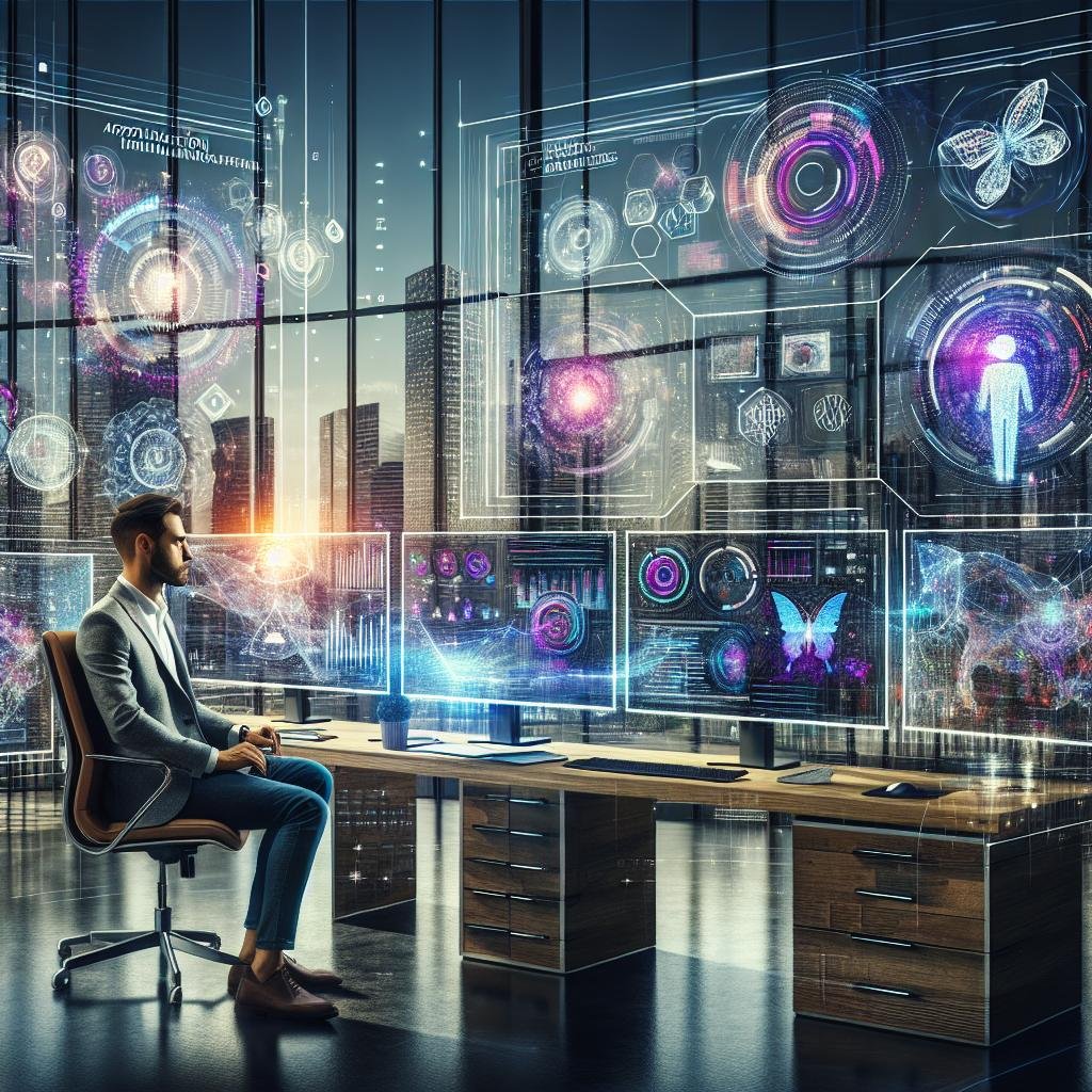 Modernes Arbeitsumfeld mit futuristischem Computersetup, digitalen Grafiken und holographischen Symbolen für Innovation und Effizienz, im Hintergrund eine lebendige Stadtlandschaft.