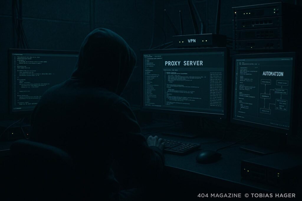 Futuristischer Arbeitsplatz im Dunkeln mit Monitoren, Code, Proxy-Servern und technischen Geräten, Person in dunkler Kleidung und geheimnisvoller Atmosphäre