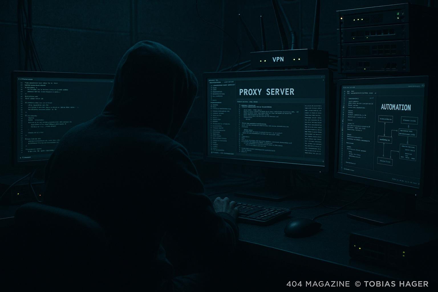 Futuristischer Arbeitsplatz im Dunkeln mit Monitoren, Code, Proxy-Servern und technischen Geräten, Person in dunkler Kleidung und geheimnisvoller Atmosphäre