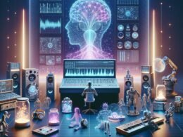 Futuristisches Musikstudio mit holographischen Displays, menschlichen Musikern, KI-Geräten und neuronalen Netzmustern, die Innovation und Kreativität symbolisieren.