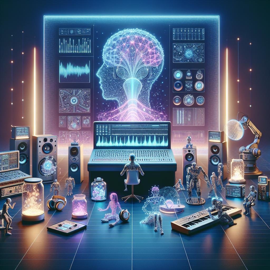 Futuristisches Musikstudio mit holographischen Displays, menschlichen Musikern, KI-Geräten und neuronalen Netzmustern, die Innovation und Kreativität symbolisieren.