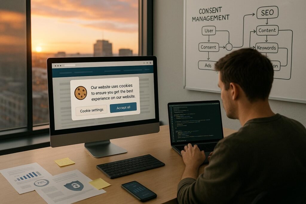 Modernes Büro mit Computer, Entwickler, Stadtblick bei Sonnenuntergang, Diagramme und Notizen, betont Datenschutz und SEO