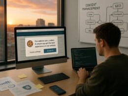 Modernes Büro mit Computer, Entwickler, Stadtblick bei Sonnenuntergang, Diagramme und Notizen, betont Datenschutz und SEO