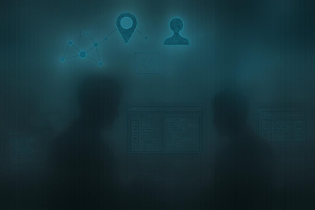 Futuristische digitale Szene mit schattenhaften Profilen, Datenströmen und transparenten Netzwerk-Icons in dunkler, blauer Farbpalette.