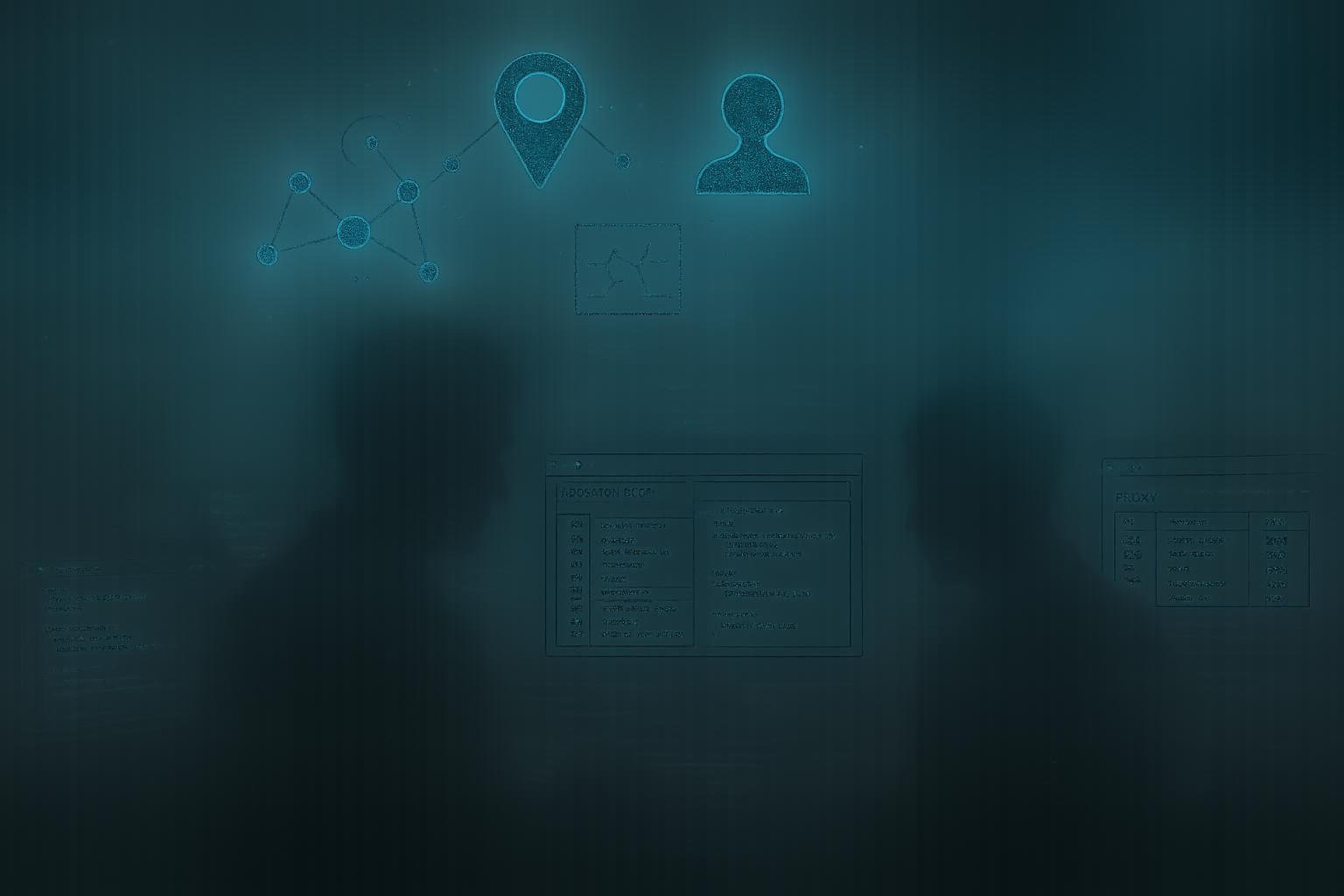 Futuristische digitale Szene mit schattenhaften Profilen, Datenströmen und transparenten Netzwerk-Icons in dunkler, blauer Farbpalette.
