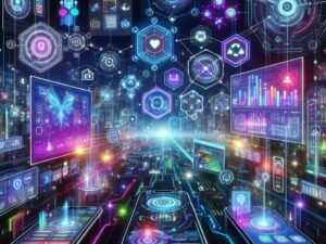 Futuristisches, vernetztes digitales Marketing-Visual mit Samsung AI, modernen Bildschirmen, Datenströmen und holografischen Interfaces in einer technologischen Stadtlandschaft.