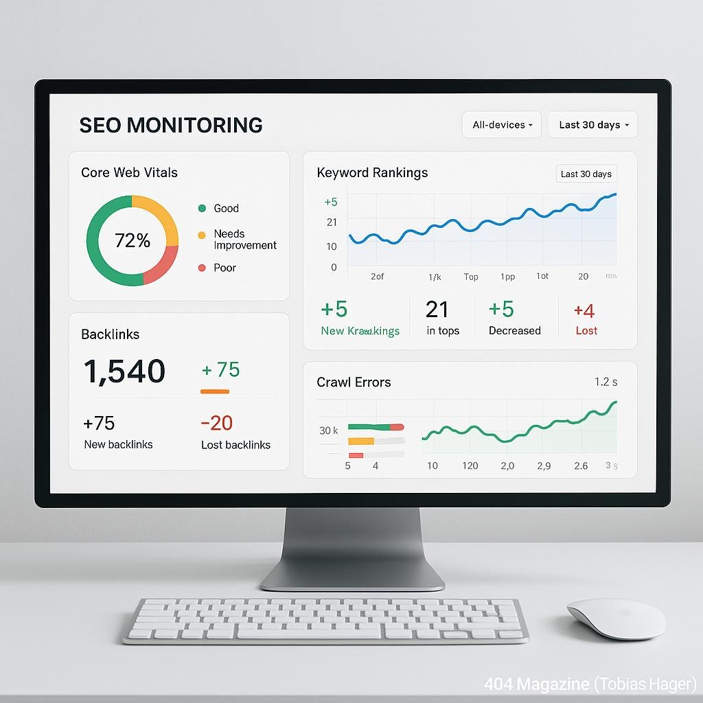Modernes SEO-Überwachungsdashboard auf einem Computerbildschirm mit Grafiken, KPIs und interaktiven Filtern in einem minimalistischen Arbeitsbereich.