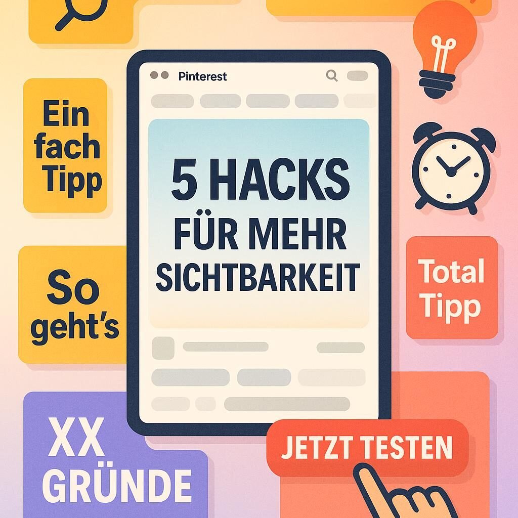 Stilvolle, bunte Pinterest-Collage mit dem Titel ‚5 Hacks für mehr Sichtbarkeit‘, umgeben von Symbolen für Keywords, Ideen, Dringlichkeit und einem CTA-Button, mit einem Bildschirm, der eine Pinterest-Ansicht zeigt. Credit: 404 Magazine (Tobias Hager).