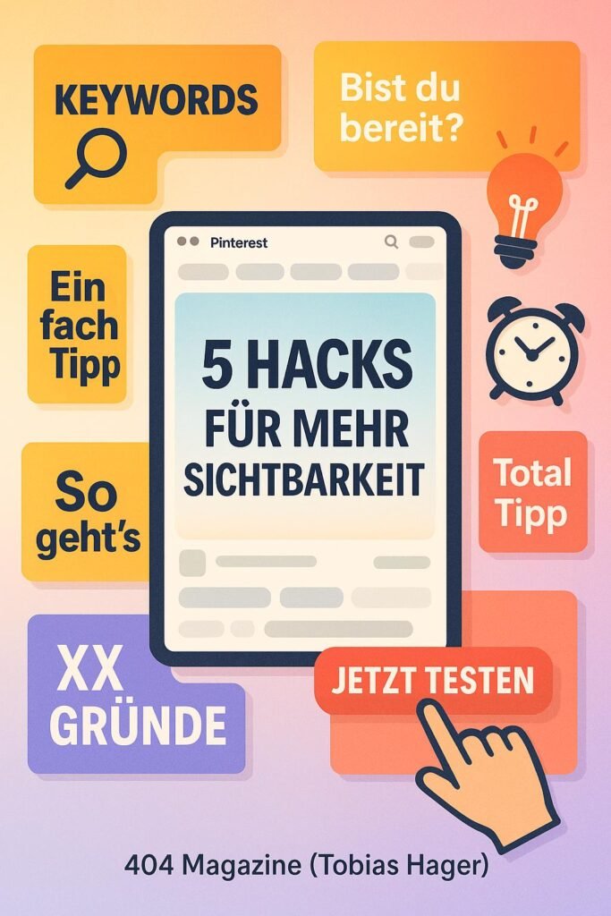 Stilvolle, bunte Pinterest-Collage mit dem Titel ‚5 Hacks für mehr Sichtbarkeit‘, umgeben von Symbolen für Keywords, Ideen, Dringlichkeit und einem CTA-Button, mit einem Bildschirm, der eine Pinterest-Ansicht zeigt. Credit: 404 Magazine (Tobias Hager).