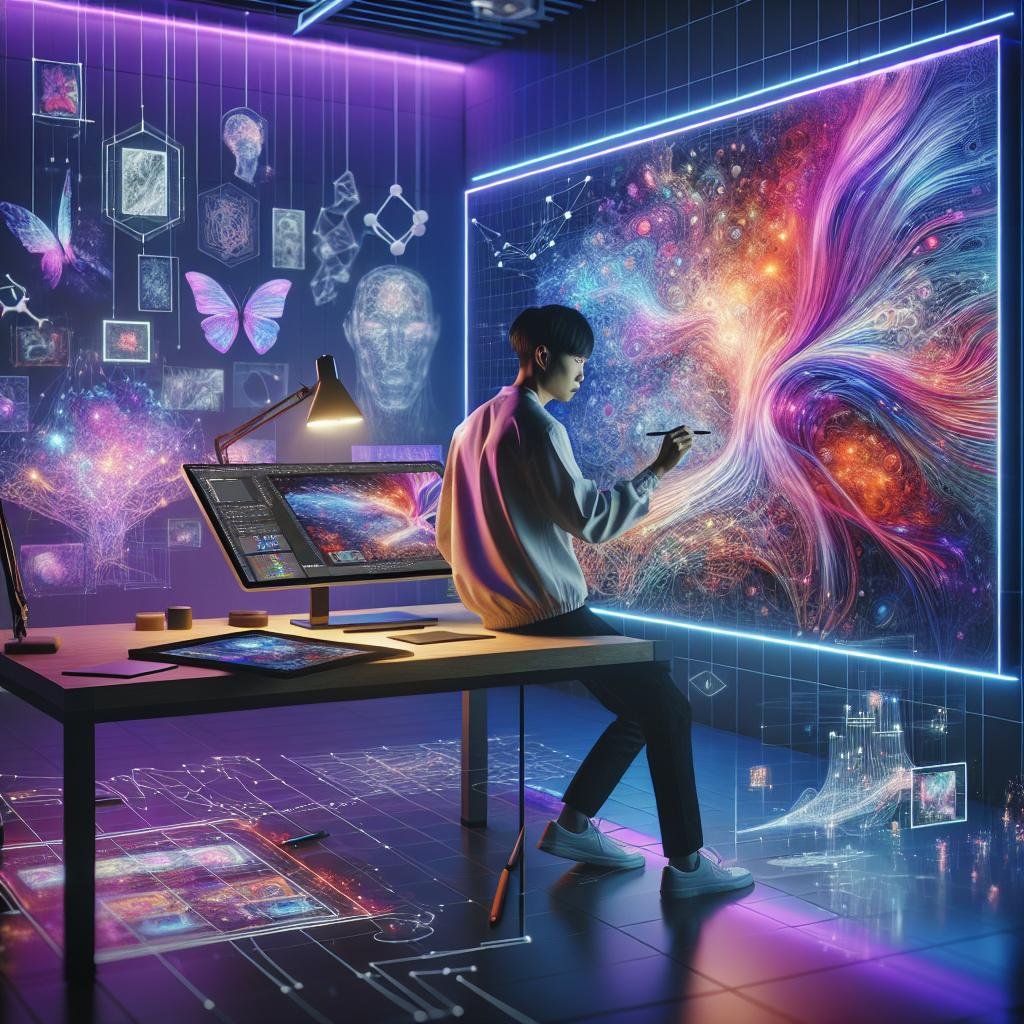 Vielseitiger Designer arbeitet in einem futuristischen Digitalstudio mit holographischen Interfaces und KI-generierten Kunstwerken im Hintergrund.
