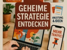 Handgefertigte Pinterest-Collage mit auffälligen Overlays, Personen bei der Arbeit am Laptop, Smartphone-Displays und eine moderne, minimalistische Arbeitsumgebung im Hintergrund, kräftige Farben in Rot, Orange und Blau. Credit: 404 Magazine (Tobias Hager)