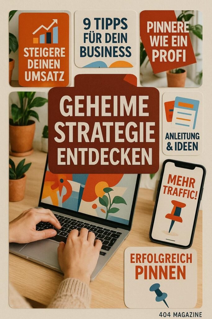 Handgefertigte Pinterest-Collage mit auffälligen Overlays, Personen bei der Arbeit am Laptop, Smartphone-Displays und eine moderne, minimalistische Arbeitsumgebung im Hintergrund, kräftige Farben in Rot, Orange und Blau. Credit: 404 Magazine (Tobias Hager)