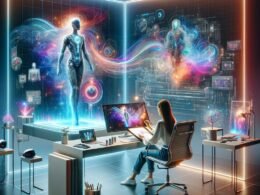 Futuristisches Marketing-Setup mit transparentem Bildschirm, AI-generierten surrealen Bildern, kreativen Person, Gadgets und holographischen Elementen