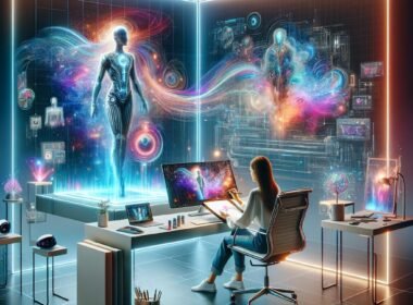 Futuristisches Marketing-Setup mit transparentem Bildschirm, AI-generierten surrealen Bildern, kreativen Person, Gadgets und holographischen Elementen