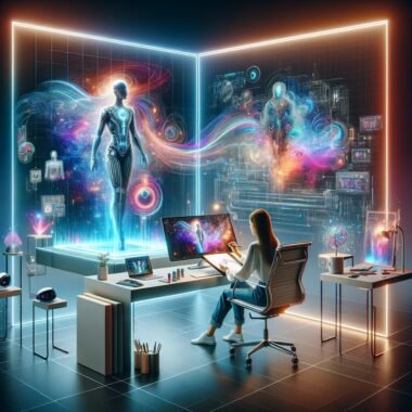 Futuristisches Marketing-Setup mit transparentem Bildschirm, AI-generierten surrealen Bildern, kreativen Person, Gadgets und holographischen Elementen