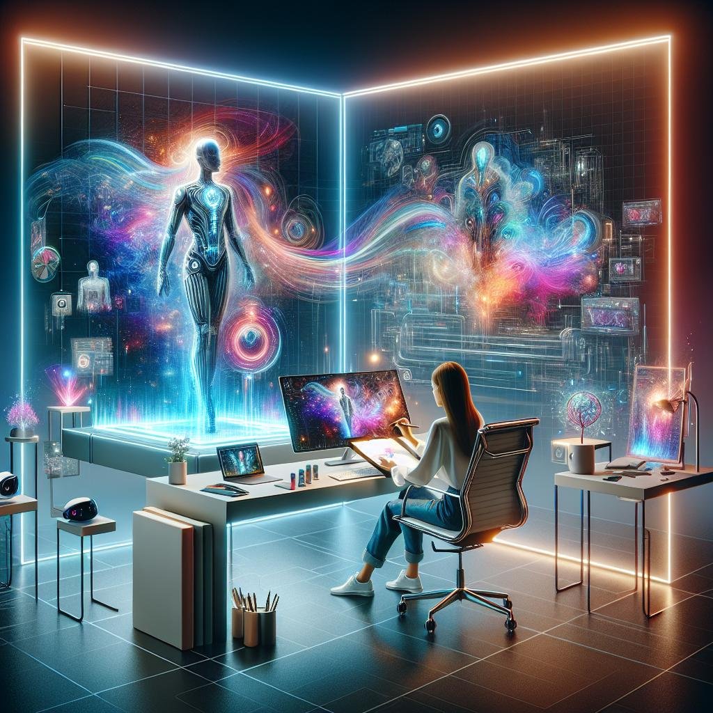 Futuristisches Marketing-Setup mit transparentem Bildschirm, AI-generierten surrealen Bildern, kreativen Person, Gadgets und holographischen Elementen