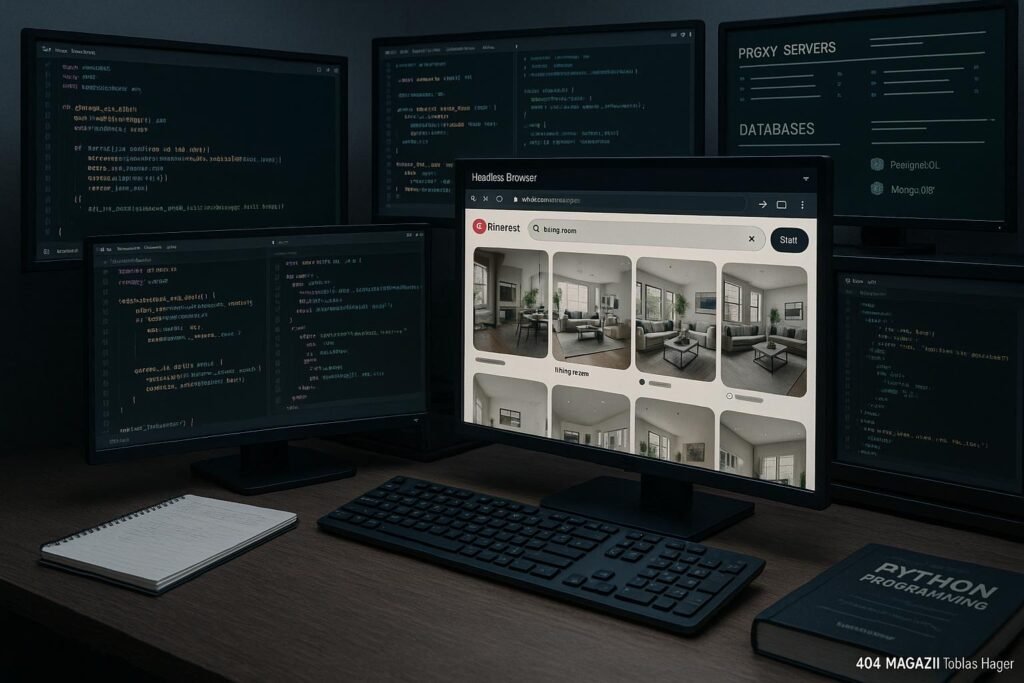 Moderner Arbeitsplatz mit mehreren Monitoren, die Pinterest-Seiten, Code, Proxy-Server und Datenbanken zeigen, bei 404 Magazine (Tobias Hager).