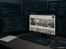 Moderner Arbeitsplatz mit mehreren Monitoren, die Pinterest-Seiten, Code, Proxy-Server und Datenbanken zeigen, bei 404 Magazine (Tobias Hager).