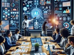 Vielseitiges Marketingteam diskutiert Strategien vor einer digitalen Whiteboard mit KI-Analysen und Datenvisualisierungen in einem modernen Büro