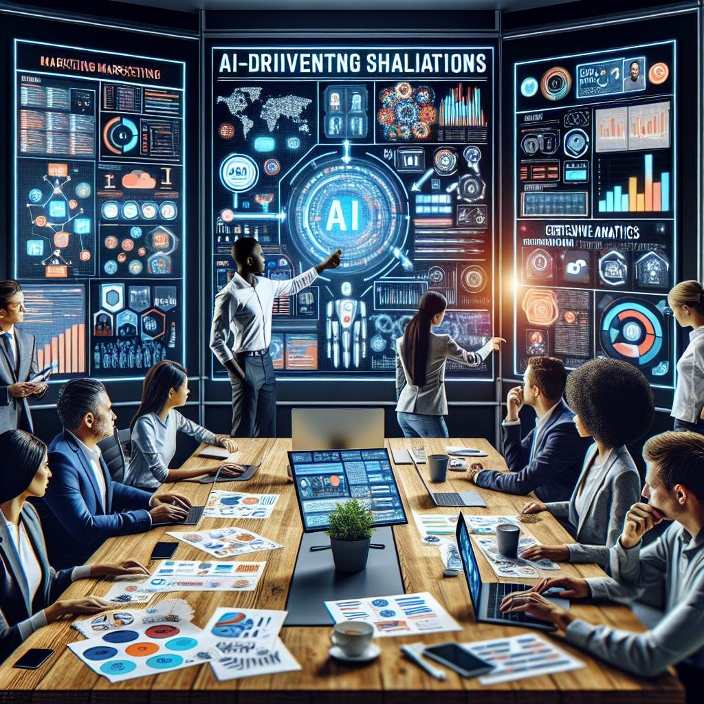 Vielseitiges Marketingteam diskutiert Strategien vor einer digitalen Whiteboard mit KI-Analysen und Datenvisualisierungen in einem modernen Büro