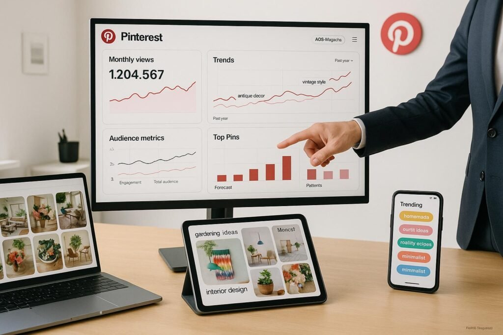 Ein moderner Arbeitsplatz mit digitalem Dashboard auf einem großen Monitor, zeigt Pinterest-Analysen, Trendgrafiken und trendende Schlüsselwörter, umgeben von Technikgeräten.