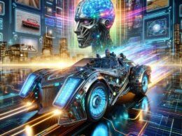 Futuristisches hochauflösendes Bild mit digitalem Panzerwagen, holographischen Bildmasken, Stadt im Hintergrund und neuronalen Netzmustern, symbolisiert Innovation in der KI-gestützten Bildbearbeitung