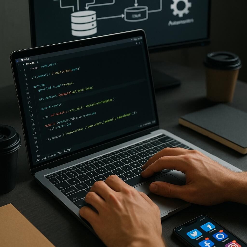 Nahaufnahme der Hände eines Entwicklers, die auf einer eleganten Laptop-Tastatur tippen, im Hintergrund zwei Monitore mit Code und Architekturdiagrammen, umgeben von Kaffeetassen und Notizbüchern in einem modernen Arbeitsbereich.
