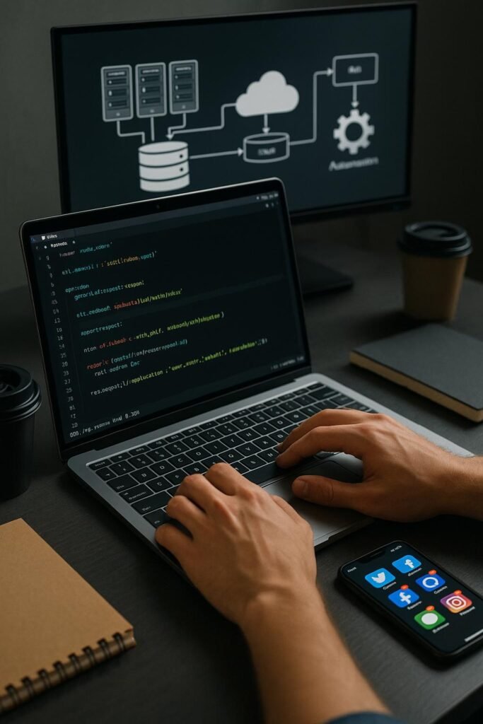 Nahaufnahme der Hände eines Entwicklers, die auf einer eleganten Laptop-Tastatur tippen, im Hintergrund zwei Monitore mit Code und Architekturdiagrammen, umgeben von Kaffeetassen und Notizbüchern in einem modernen Arbeitsbereich.