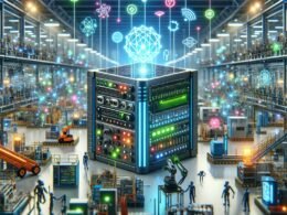 Futuristische industrielle Szene mit einem kompakten Edge-Computing-Gerät, umgeben von Sensoren, Kameras und Robotern in einer modernen Fabrikhalle