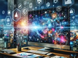 Moderner digitaler Arbeitsplatz mit großem Bildschirm, der Datenvisualisierungen und KI-Tools zeigt, vor einer Stadt skyline bei Sonnenuntergang.