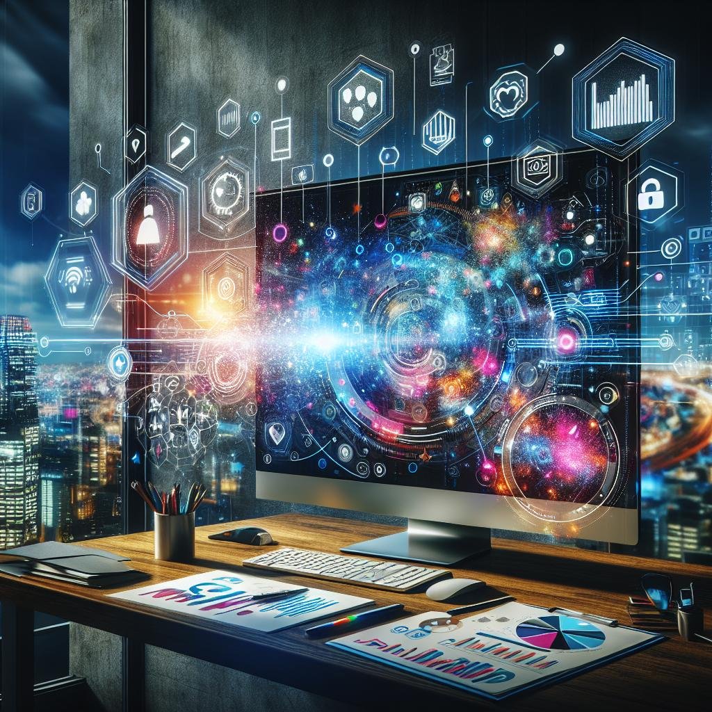 Moderner digitaler Arbeitsplatz mit großem Bildschirm, der Datenvisualisierungen und KI-Tools zeigt, vor einer Stadt skyline bei Sonnenuntergang.