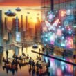 Futuristischer Digital Workspace mit Stadt bei Sonnenuntergang, Neonlichtern, fliegenden Autos und einem Team, das KI-generierte Bilder diskutiert.