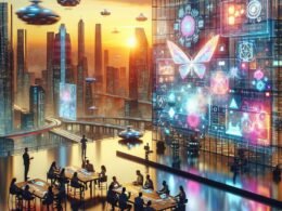 Futuristischer Digital Workspace mit Stadt bei Sonnenuntergang, Neonlichtern, fliegenden Autos und einem Team, das KI-generierte Bilder diskutiert.