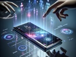 Futuristisches Smartphone AI Phone 11 auf transparentem Tisch mit holografischen Daten im Hintergrund, futuristisches Design mit Glas und Metall, Umwelt- und Sicherheitsfeatures sichtbar.