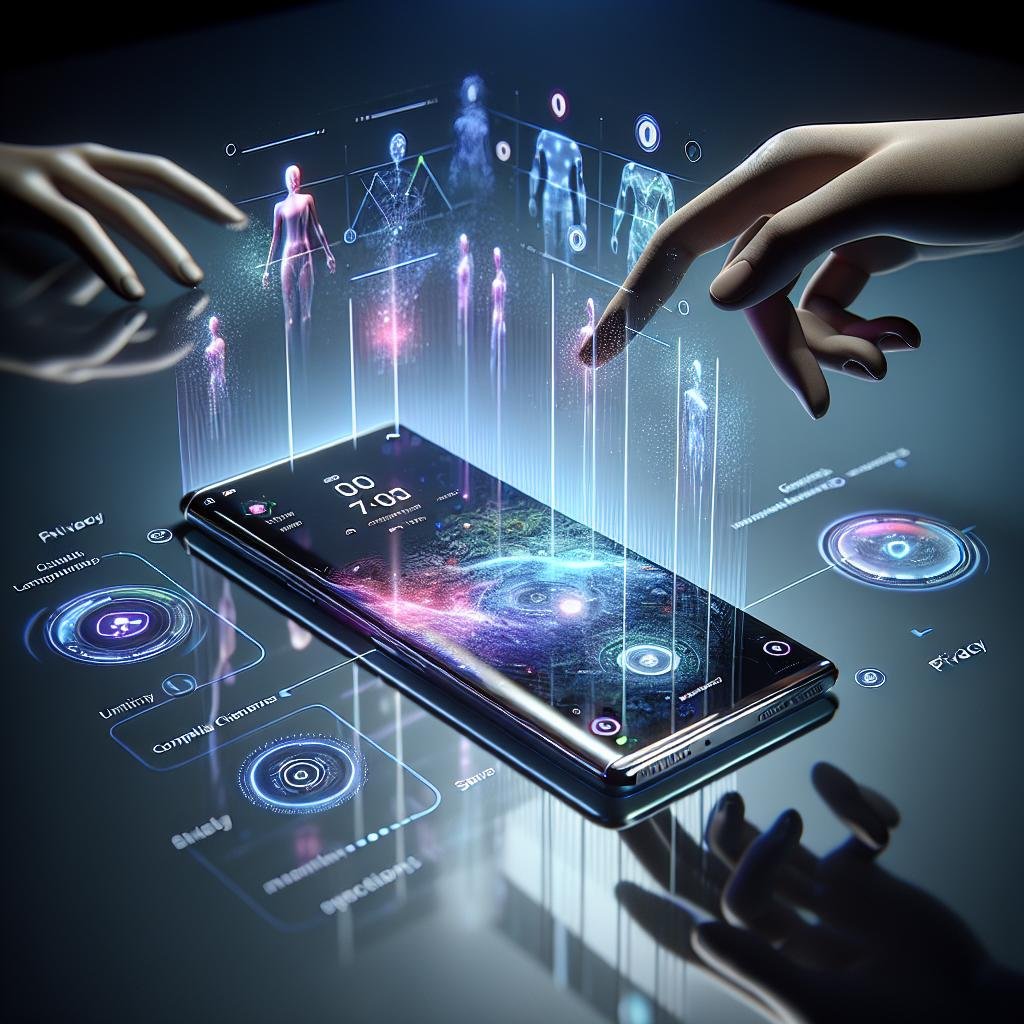 Futuristisches Smartphone AI Phone 11 auf transparentem Tisch mit holografischen Daten im Hintergrund, futuristisches Design mit Glas und Metall, Umwelt- und Sicherheitsfeatures sichtbar.