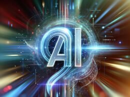 Abstraktes futuristisches Logo mit leuchtenden Farben und holographischen Elementen, symbolisiert AI-gestützte Kreativität und technologische Innovation.