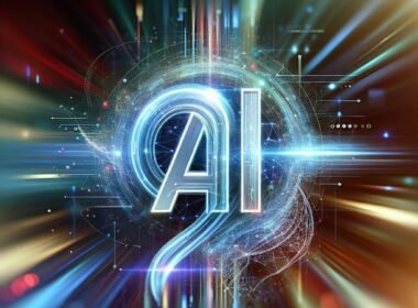 Abstraktes futuristisches Logo mit leuchtenden Farben und holographischen Elementen, symbolisiert AI-gestützte Kreativität und technologische Innovation.