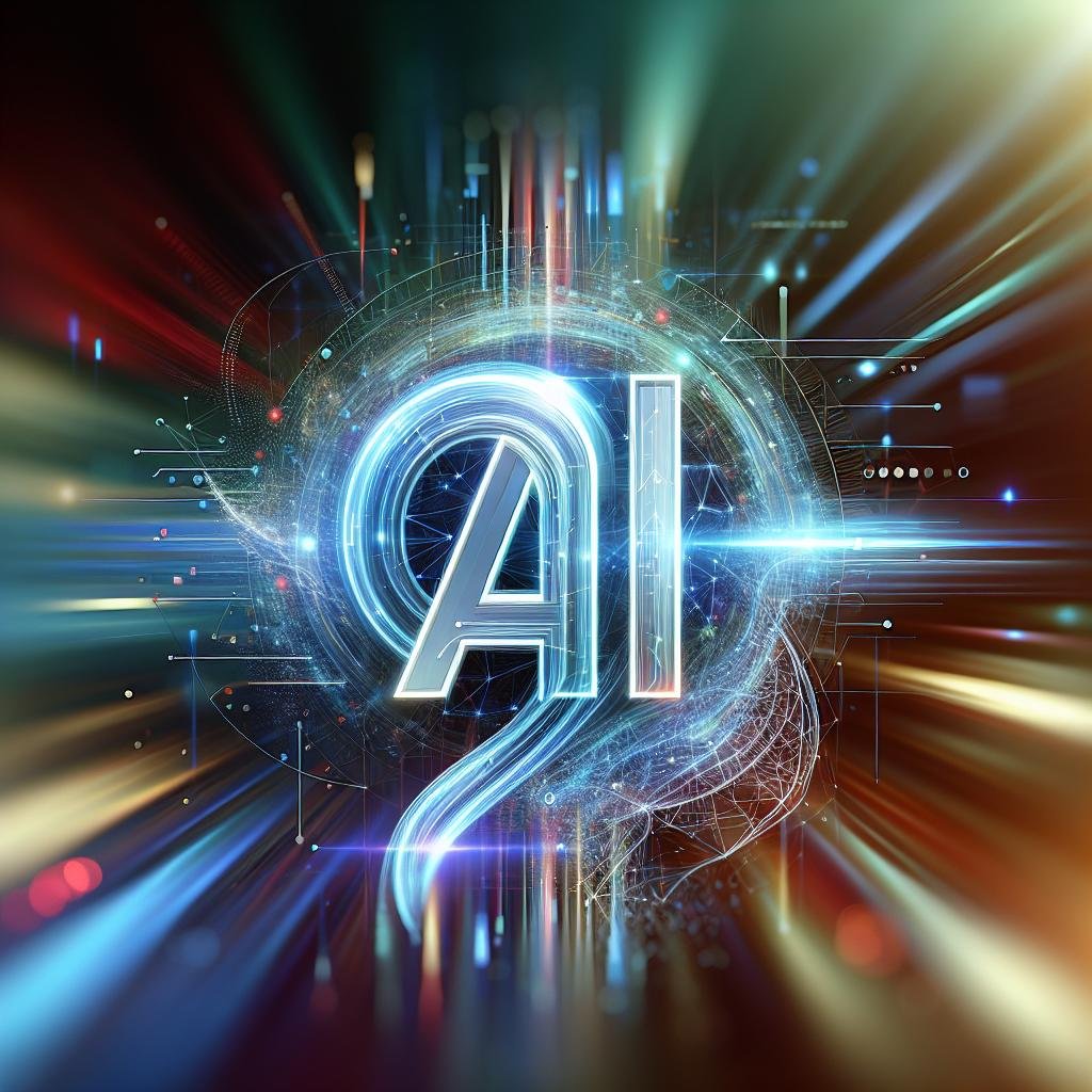 Abstraktes futuristisches Logo mit leuchtenden Farben und holographischen Elementen, symbolisiert AI-gestützte Kreativität und technologische Innovation.