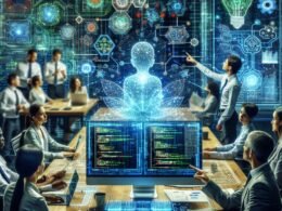 Futuristischer Arbeitsplatz mit digitaler Schnittstelle, holographischen Datenströmen und einem vielfältigen Team bei der Zusammenarbeit an KI-Entwicklung