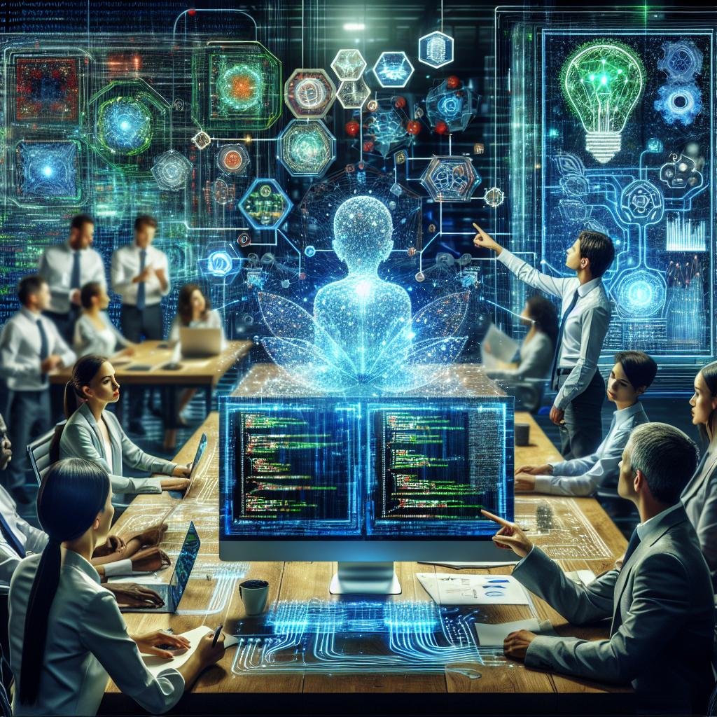 Futuristischer Arbeitsplatz mit digitaler Schnittstelle, holographischen Datenströmen und einem vielfältigen Team bei der Zusammenarbeit an KI-Entwicklung