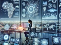 Junge Marketingexpertin sitzt vor einem großen transparenten Bildschirm mit digitalen Grafiken, Datenvisualisierungen und KI-Tools in einem futuristischen Büro-Setting, das die Zukunft des Online-Marketings mit Künstlicher Intelligenz darstellt.