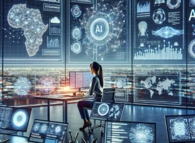 Junge Marketingexpertin sitzt vor einem großen transparenten Bildschirm mit digitalen Grafiken, Datenvisualisierungen und KI-Tools in einem futuristischen Büro-Setting, das die Zukunft des Online-Marketings mit Künstlicher Intelligenz darstellt.