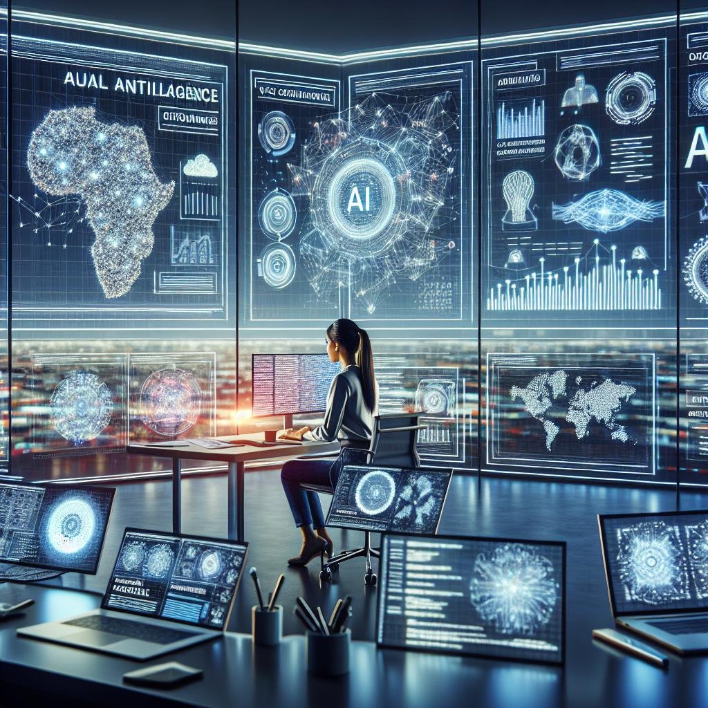 Junge Marketingexpertin sitzt vor einem großen transparenten Bildschirm mit digitalen Grafiken, Datenvisualisierungen und KI-Tools in einem futuristischen Büro-Setting, das die Zukunft des Online-Marketings mit Künstlicher Intelligenz darstellt.