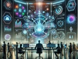 Futuristisches digitales Arbeitsumfeld mit Vertex AI Dashboard, holografischen Symbolen und kollaborierenden Marketers