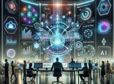 Futuristisches digitales Arbeitsumfeld mit Vertex AI Dashboard, holografischen Symbolen und kollaborierenden Marketers